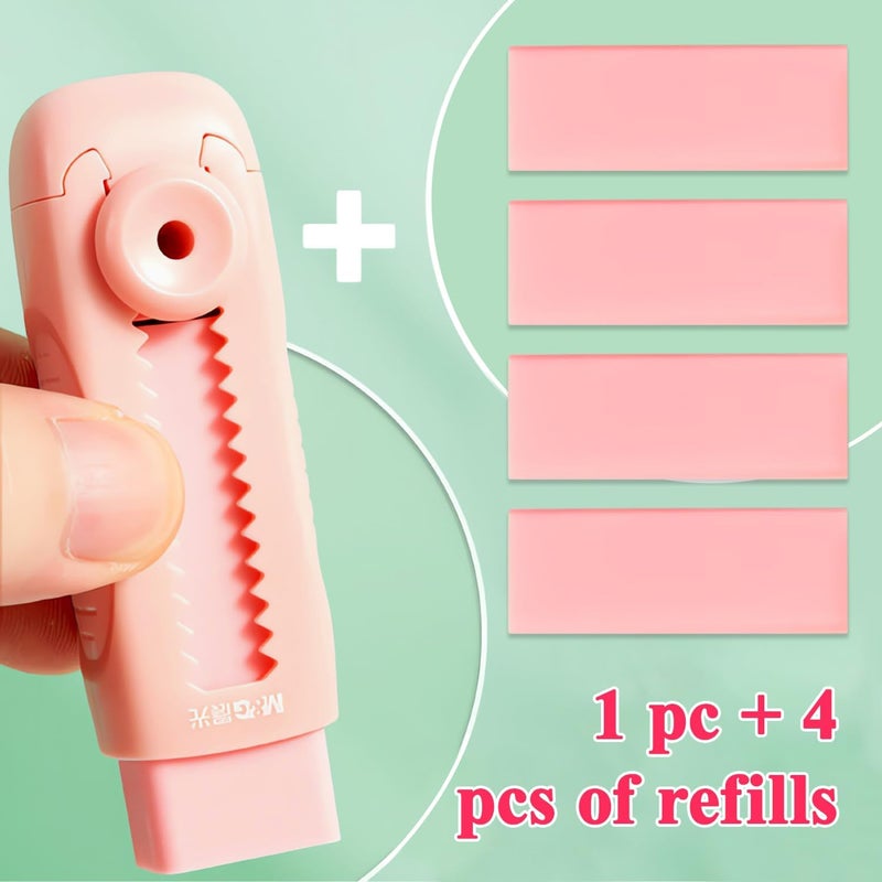 MG 4+1 Pack Rubber Pink Erasers Sliding Retractable Eraser, Soft Cute Erasers Push Pull Large Pencil Erasers with Plastic Sleeve 4 Refill Eraser for School Students Kids Office Home Supplies - Image 4